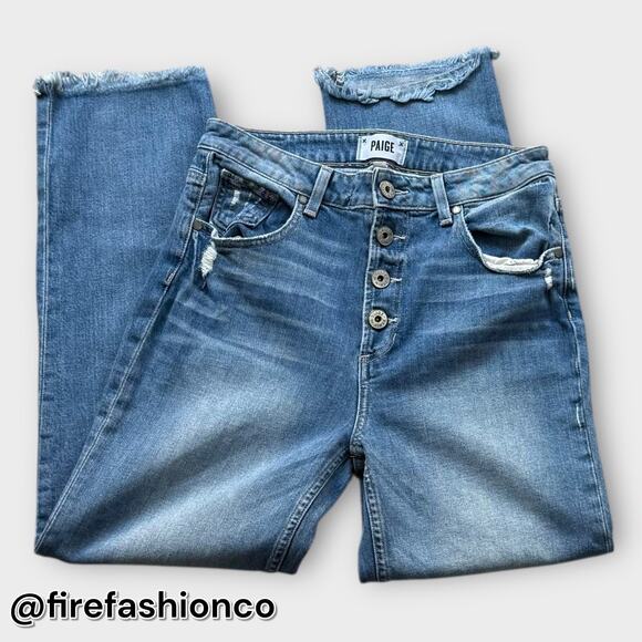 PAIGE HIGH RISE SARAH STRAIGHT JEANS RAW HEM BUTTON FLY BOHO DENIM 29 - Picture 1 of 10
